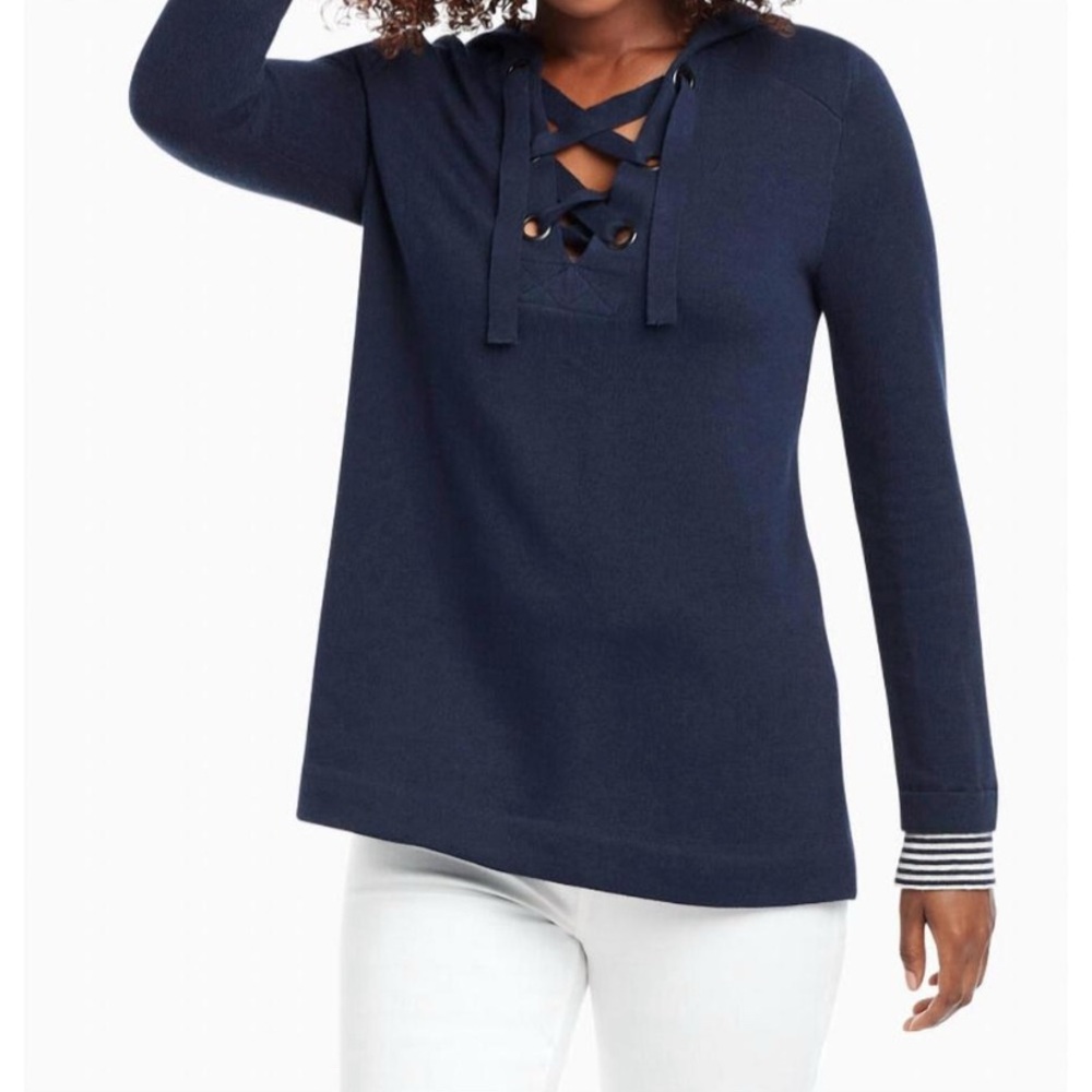 Nic+Zoe Navy Blue Lace-Up Hoodie Size XS Nautical Coastal Boating Casual Sweater